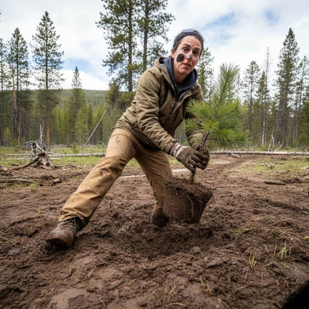 Volunteer planting sapling in mud, looking surprised.