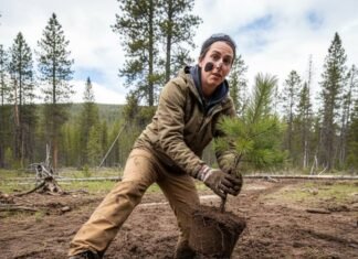 Volunteer Vacations: Travel While Giving Back to Nature Volunteer planting sapling in mud, looking surprised.