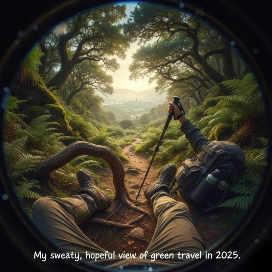 Hiker's low-angle view of a green trail.