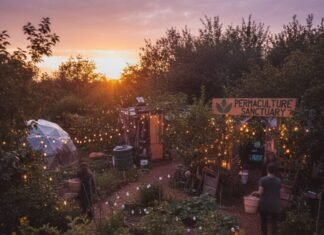 The Rise of Permaculture Retreats in Sustainable Tourism Permaculture retreat glowing at dusk with fairy lights.