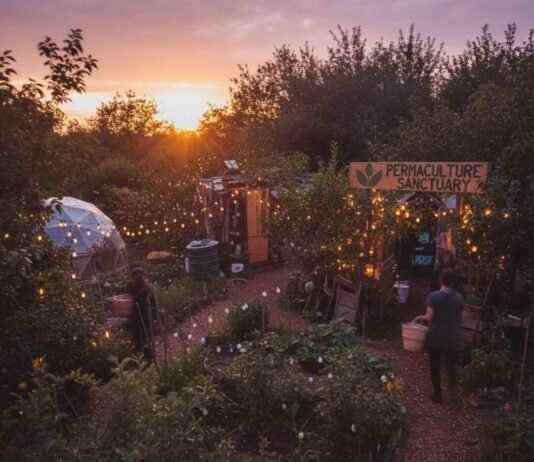 The Rise of Permaculture Retreats in Sustainable Tourism Permaculture retreat glowing at dusk with fairy lights.