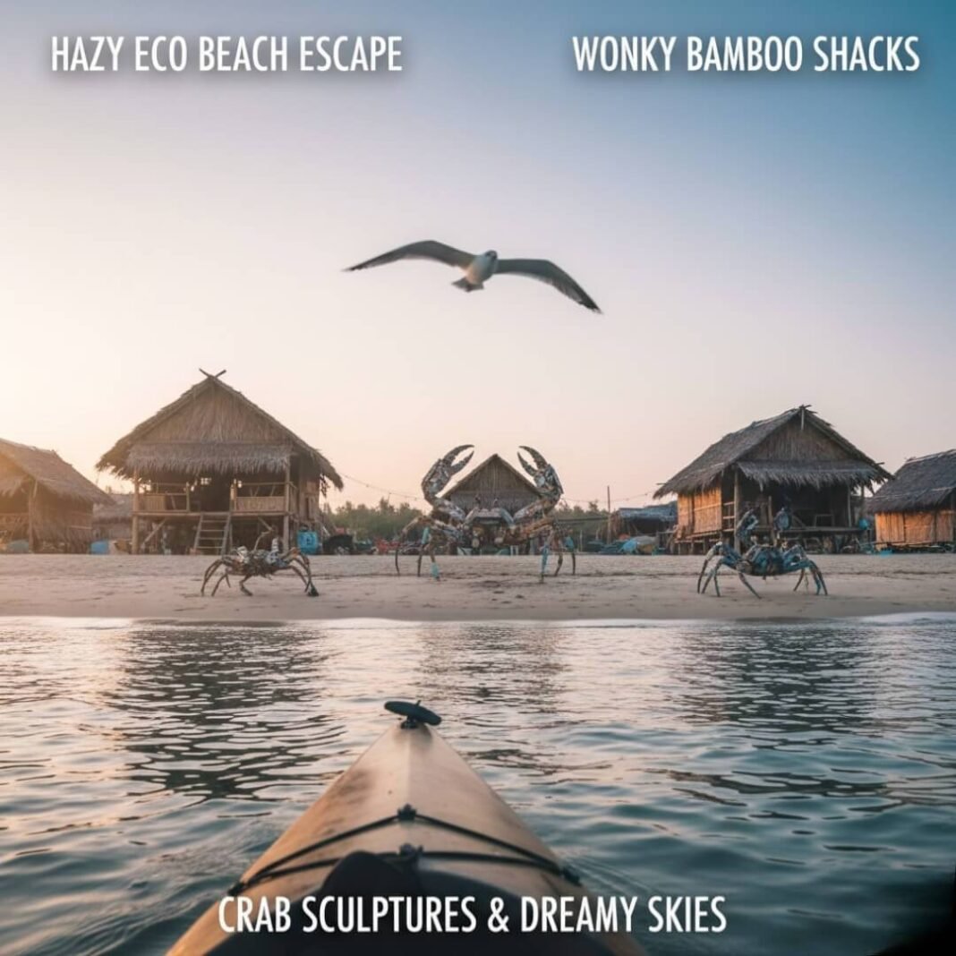 Hazy beach, wonky shacks, crab sculptures, kayak view.