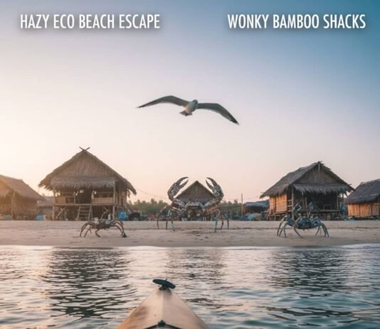 Eco Beach Escapes: 8 Guilt-Free Getaways by the Sea Hazy beach, wonky shacks, crab sculptures, kayak view.