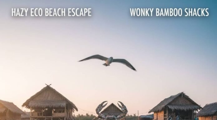 Eco Beach Escapes: 8 Guilt-Free Getaways by the Sea Hazy beach, wonky shacks, crab sculptures, kayak view.