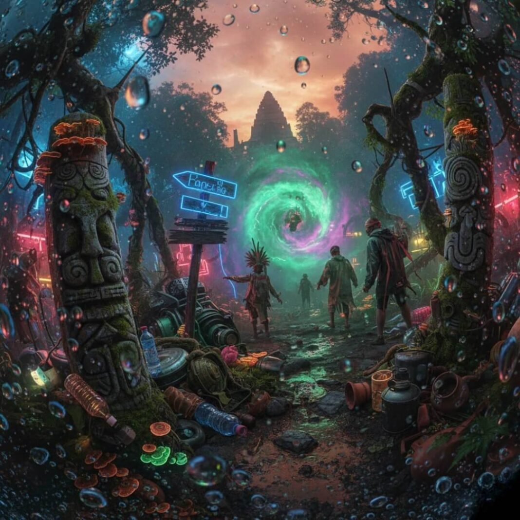 Surreal eco-cultural tour mishaps, neon wilderness