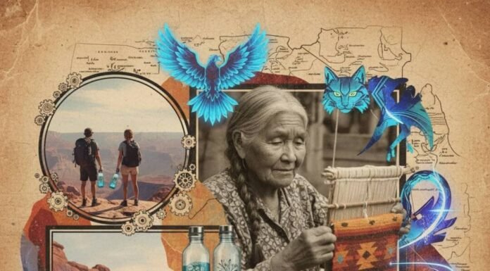 Indigenous-Led Eco Tourism: Experience Authentic, Sustainable Travel Navajo elder weaving, hikers, cliff dwellings, spirit animals.