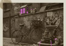 Urban Eco Adventures: Your Green Guide to Exploring Big Cities Quirky alley scene, sepia with neon.