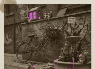 Urban Eco Adventures: Your Green Guide to Exploring Big Cities Quirky alley scene, sepia with neon.