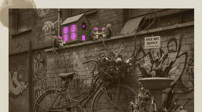 Urban Eco Adventures: Your Green Guide to Exploring Big Cities Quirky alley scene, sepia with neon.