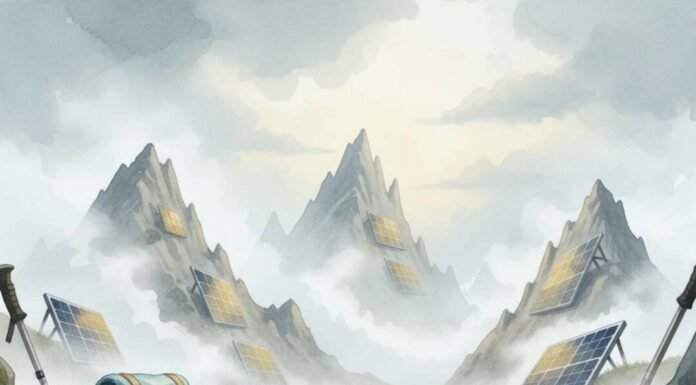 How to Craft a Fully Sustainable Travel Itinerary Shaky eco-hike with foggy peaks and solar panels.