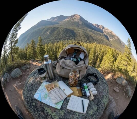 The Ultimate Zero Waste Packing List for Conscious Travelers Hike gear chaos on a mossy Colorado rock.