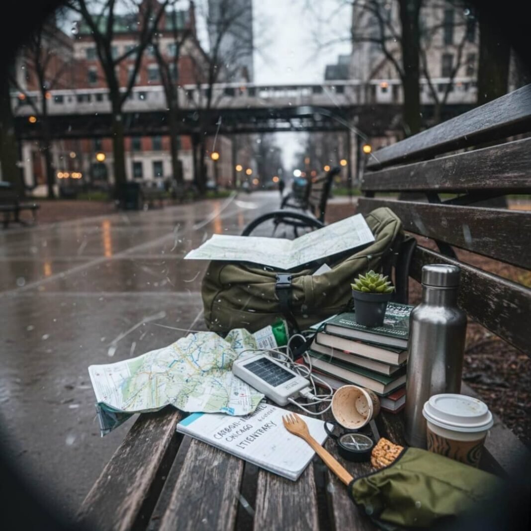 Chicago rain on a chaotic park bench setup.