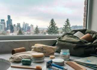 Best Eco Toiletries for a Plastic-Free Journey Messy eco toiletries on counter with Seattle view.