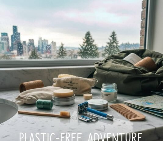 Best Eco Toiletries for a Plastic-Free Journey Messy eco toiletries on counter with Seattle view.