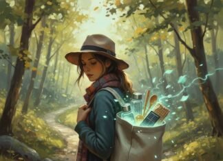 How to Pack Light and Green: Minimalist Travel Tips Dreamy hiker, minimalist backpack, glowing eco-things.