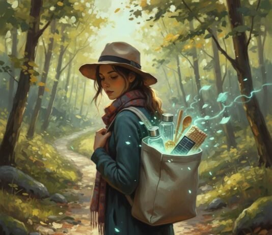 How to Pack Light and Green: Minimalist Travel Tips Dreamy hiker, minimalist backpack, glowing eco-things.