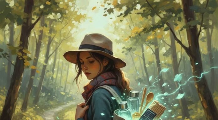 How to Pack Light and Green: Minimalist Travel Tips Dreamy hiker, minimalist backpack, glowing eco-things.