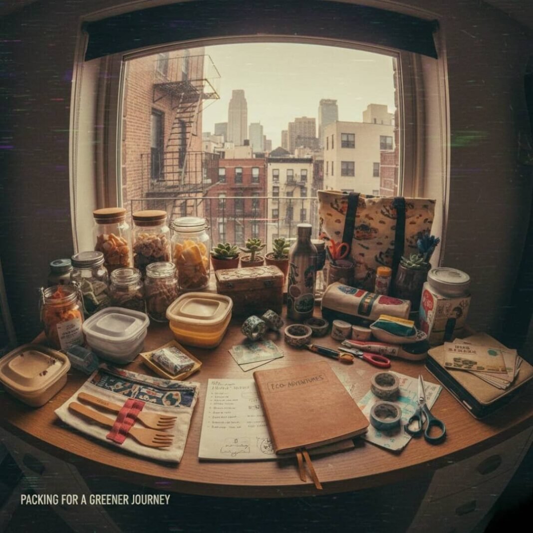 Eco-friendly travel products on a desk, city view.