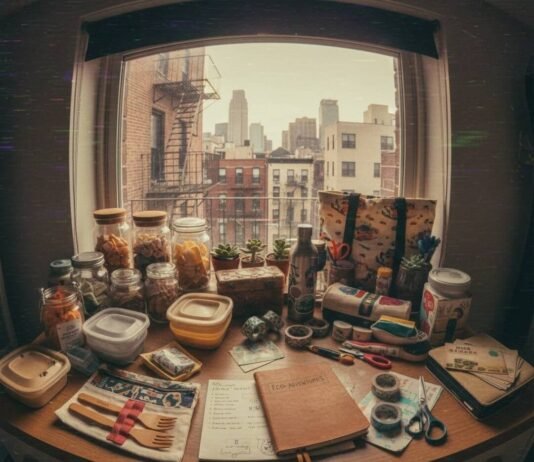 Top 10 Reusable Travel Products That Save You (and the Earth) Eco-friendly travel products on a desk, city view.