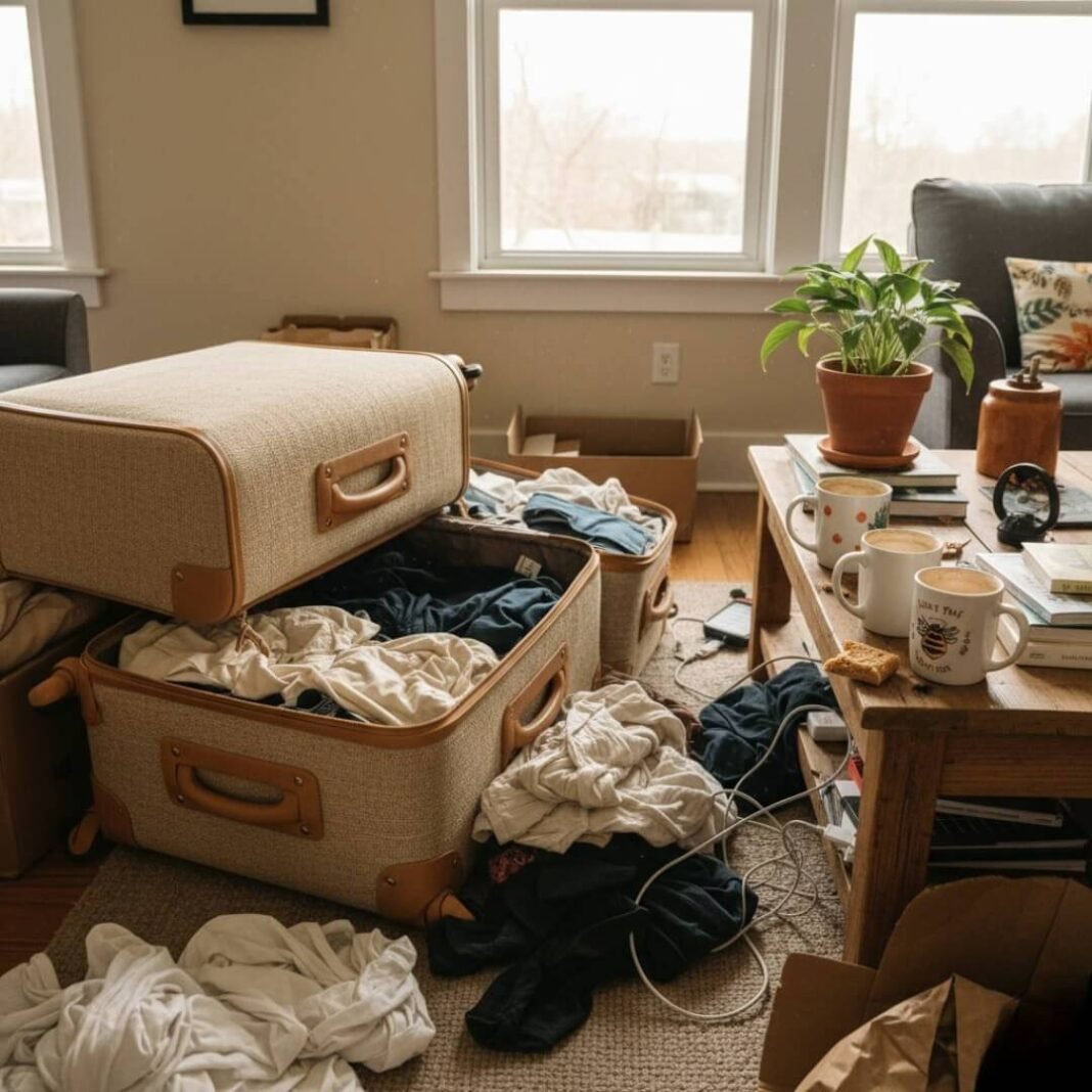 Messy room, eco-friendly luggage, chaotic unpacking.