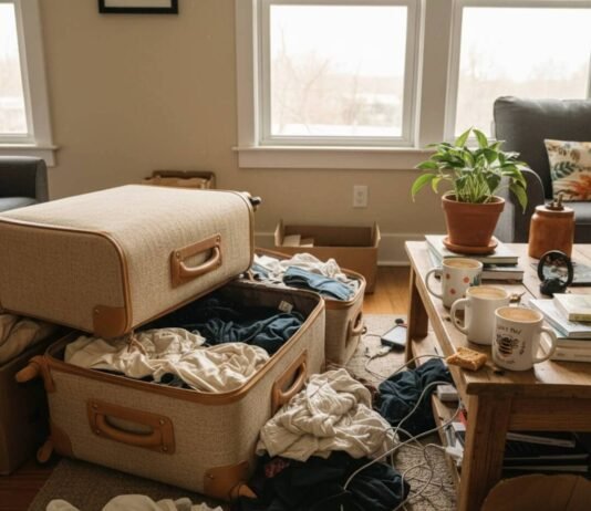 Best Eco-Friendly Luggage for Sustainable Jet-Setters Messy room, eco-friendly luggage, chaotic unpacking.