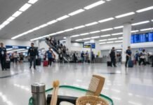 Plastic-Free Travel Kits That Make Going Green Easy Travel kit in bag peeking at airport chaos.