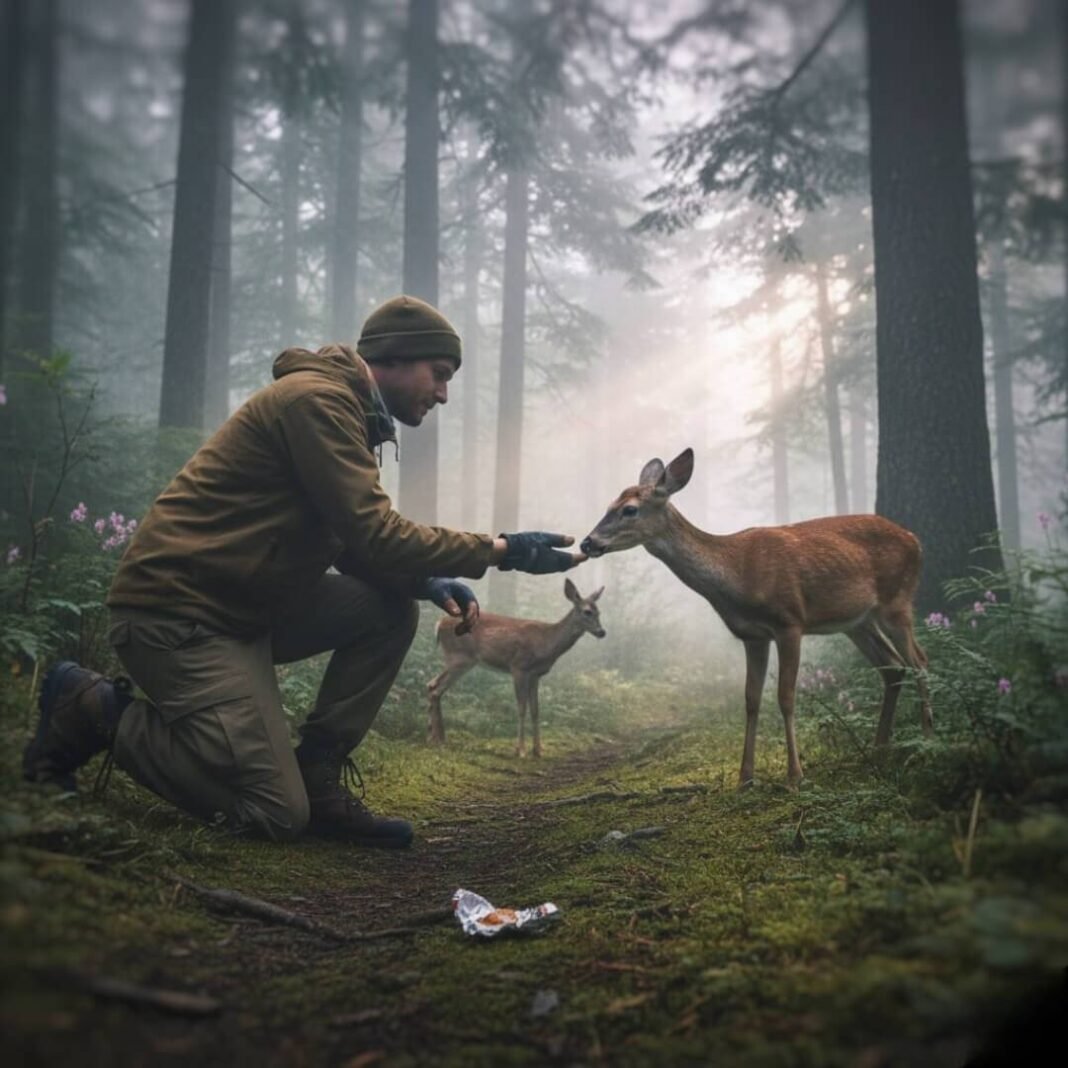 Hiker feeding deer in misty forest.