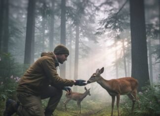 What Is Eco Tourism? A Beginner’s Guide to Responsible Adventures Hiker feeding deer in misty forest.