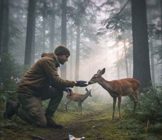 What Is Eco Tourism? A Beginner’s Guide to Responsible Adventures Hiker feeding deer in misty forest.