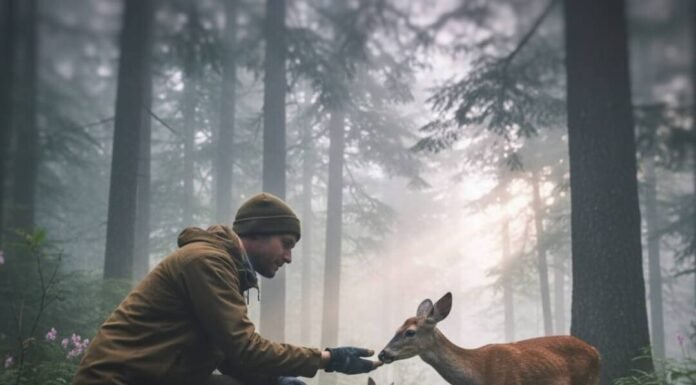 What Is Eco Tourism? A Beginner’s Guide to Responsible Adventures Hiker feeding deer in misty forest.