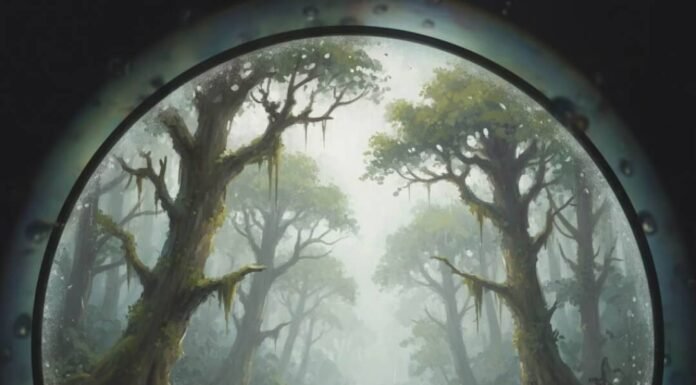 Top 15 Low Impact Travel Destinations to Visit This Year Foggy binoculars view of lone hiker in lush forest.