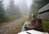Slow Travel: The Mindful Movement Taking Over the Travel World Journal and boots on a misty trail bench.
