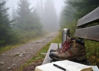 Slow Travel: The Mindful Movement Taking Over the Travel World Journal and boots on a misty trail bench.