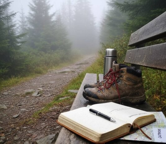 Slow Travel: The Mindful Movement Taking Over the Travel World Journal and boots on a misty trail bench.