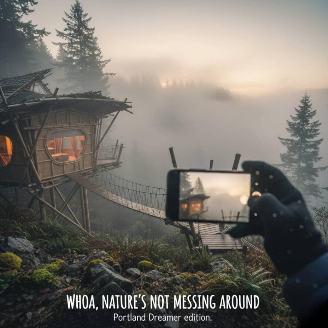 Hiker's view of treehouse in foggy Oregon.