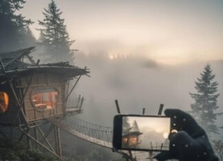 12 Stunning Eco-Friendly Hotels You Won’t Believe Exist Hiker's view of treehouse in foggy Oregon.