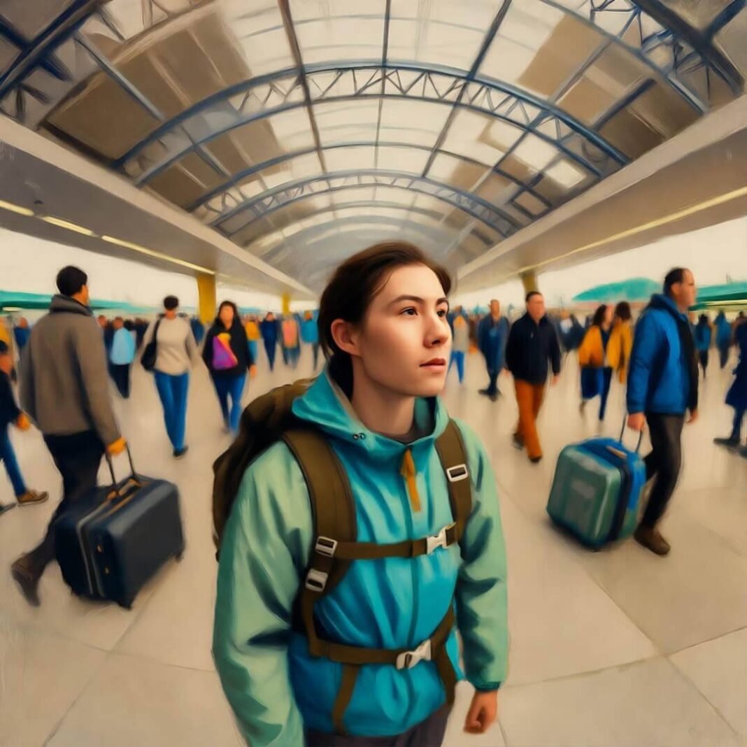 Me in sustainable gear, chaotic airport stumble.