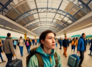 Sustainable Travel Fashion: Where Style Meets Ethics Me in sustainable gear, chaotic airport stumble.