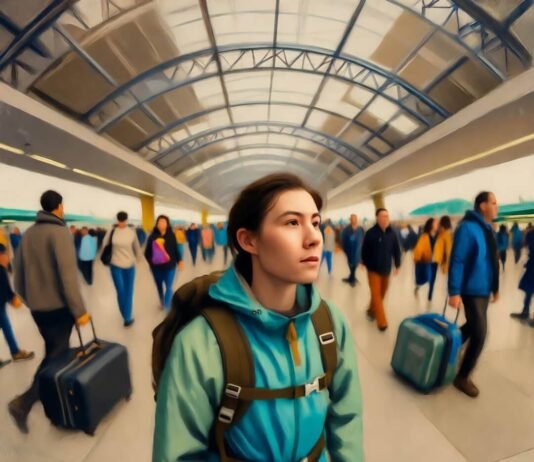 Sustainable Travel Fashion: Where Style Meets Ethics Me in sustainable gear, chaotic airport stumble.