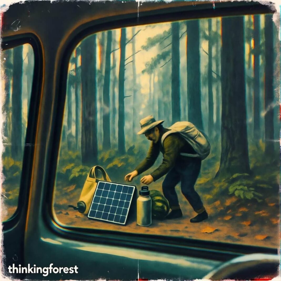 Glitchy forest view of eco-gear chaos.