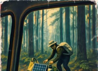 Eco-Conscious Travel: 7 Myths Debunked for a Greener Journey Glitchy forest view of eco-gear chaos.