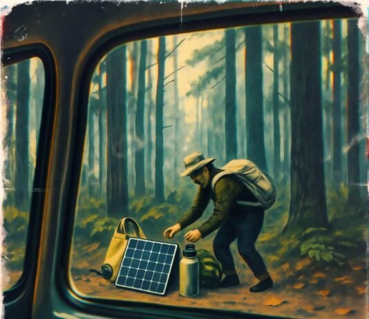 Eco-Conscious Travel: 7 Myths Debunked for a Greener Journey Glitchy forest view of eco-gear chaos.