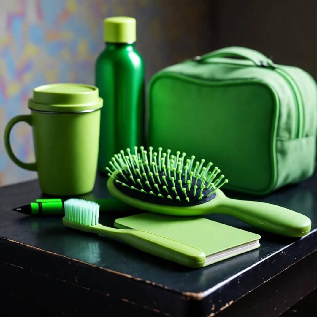 Blurry eco-essentials mess on motel nightstand.