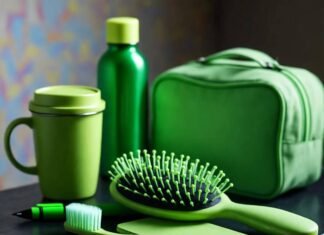 Biodegradable Travel Essentials That Actually Work Blurry eco-essentials mess on motel nightstand.