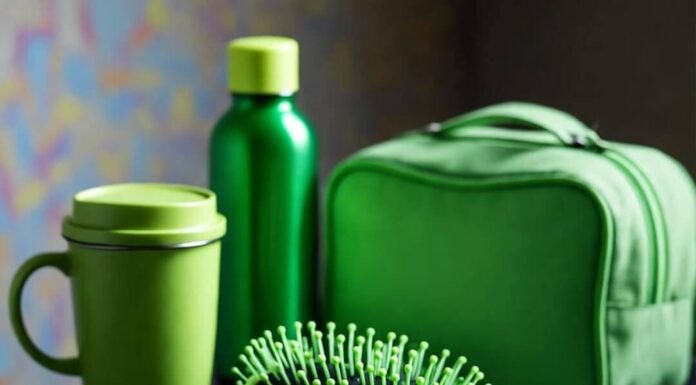 Biodegradable Travel Essentials That Actually Work Blurry eco-essentials mess on motel nightstand.