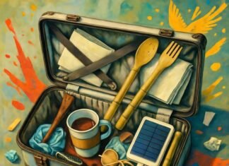 From Trash to Travel: I Tried Packing Only Reusables Messy suitcase packed with reusables, coffee spill included.