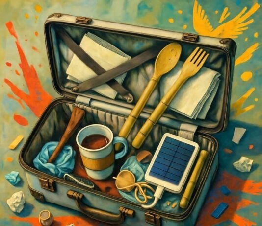 From Trash to Travel: I Tried Packing Only Reusables Messy suitcase packed with reusables, coffee spill included.